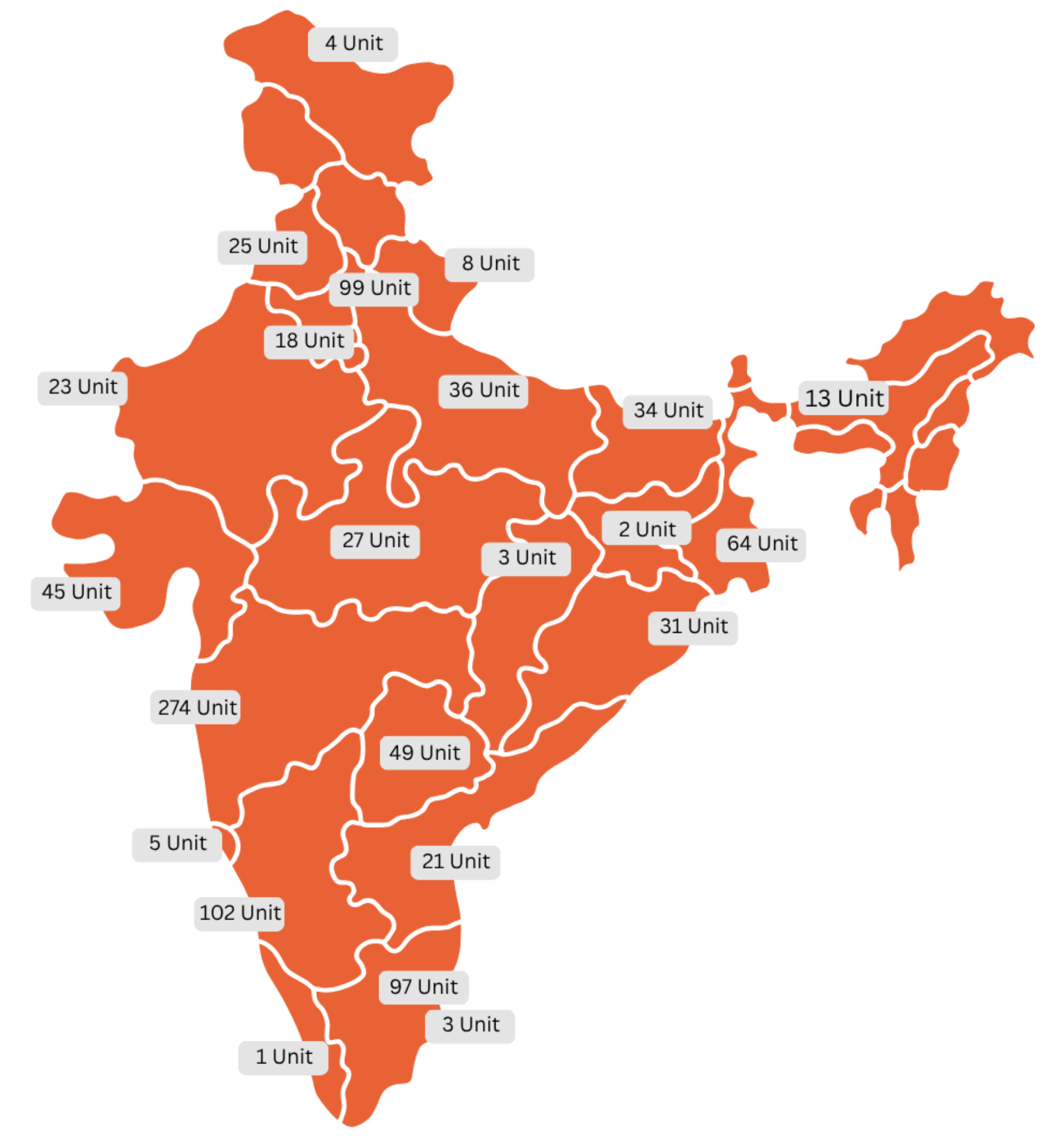 India map showing VRC deliveries